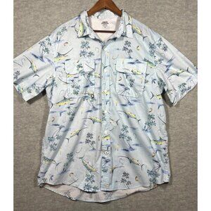 Izod Mens Shirt XL‎ Saltwater Performance Blue Fish Print Vented Button Down